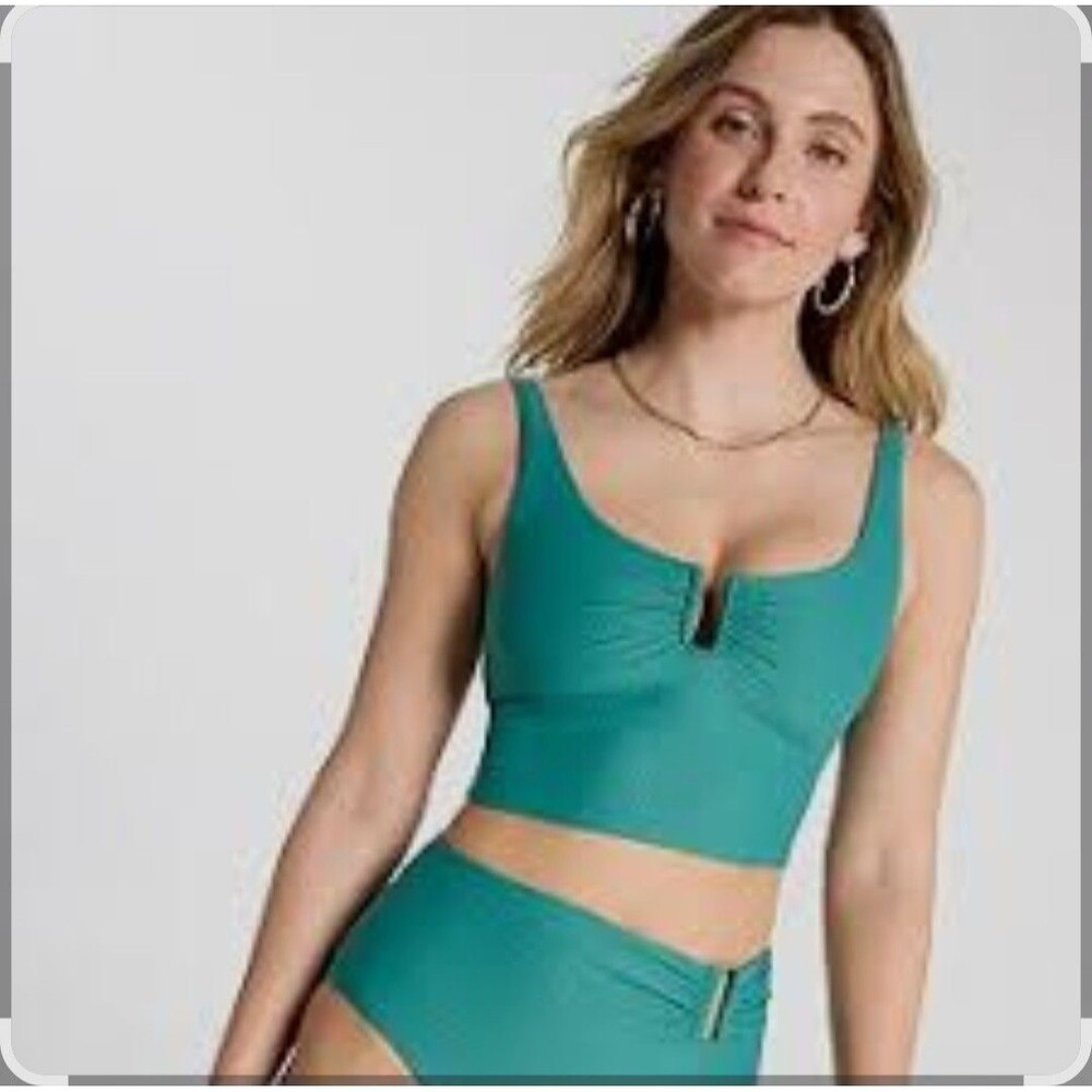 CALIA Women's Jungle Green U Bar Top & Asymmetrical Bikini Bottom Sz S New